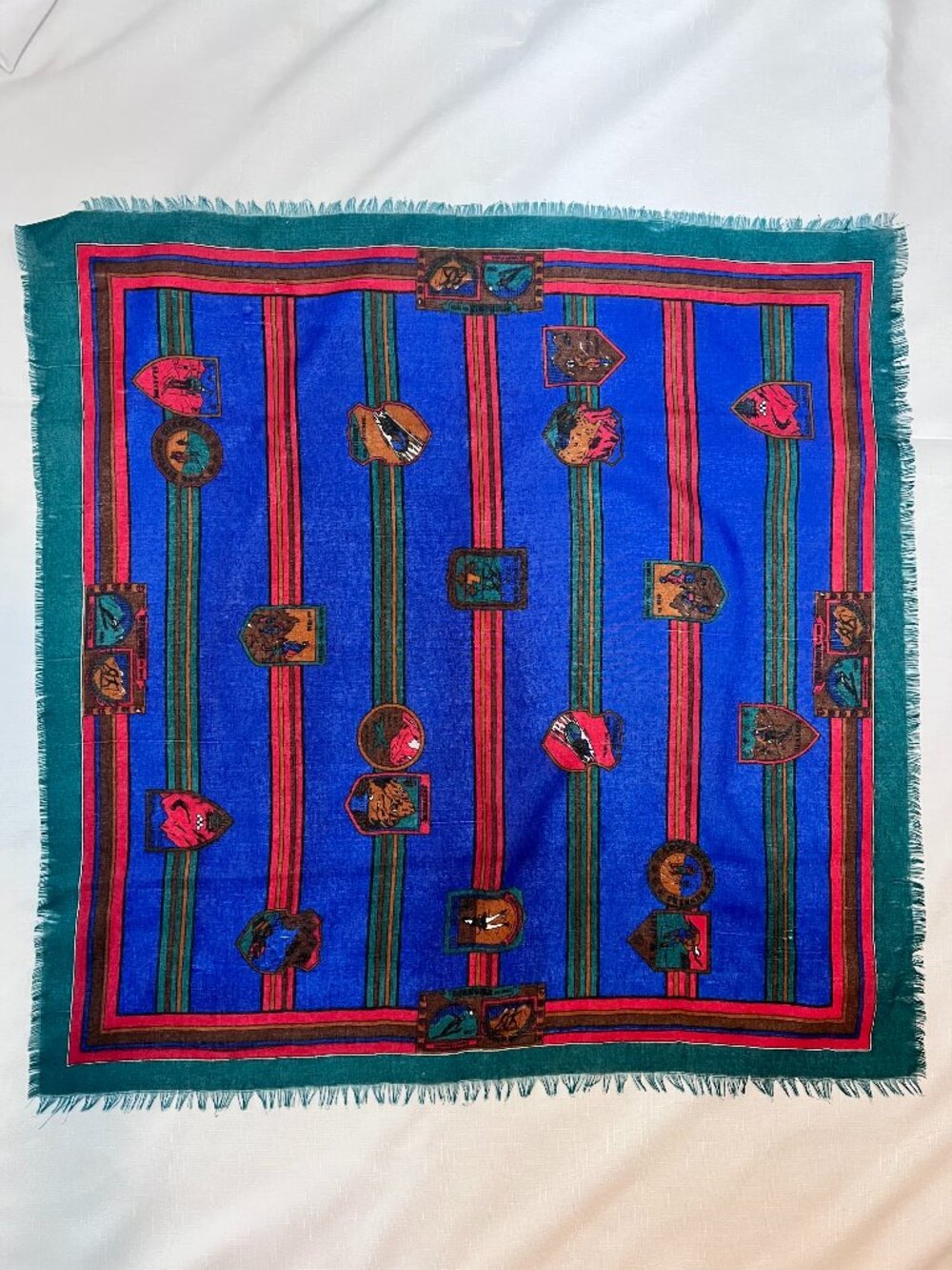 Vintage Alpine Ski Resort Scarf Chamonix St Moritz Cortina Blue Square Fringe